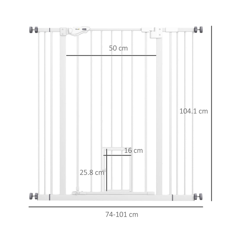 PawHut Extra Tall Dog Gate with Cat Door Auto Close for Stairs 74-101 cm Wide