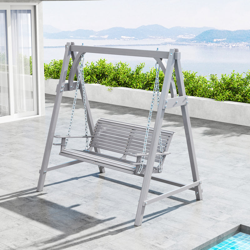 Outsunny 2 Seater Wooden Garden Swing Seat Hammock Bench Lounger, Grey