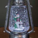 24cm Dual Powered Light up Silver Antique Lantern Christmas Water Spinner with Snowman Scene