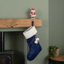 55cm Blue Soft Plush Hanging Christmas Stocking With Faux Fur Trim And Pom Poms