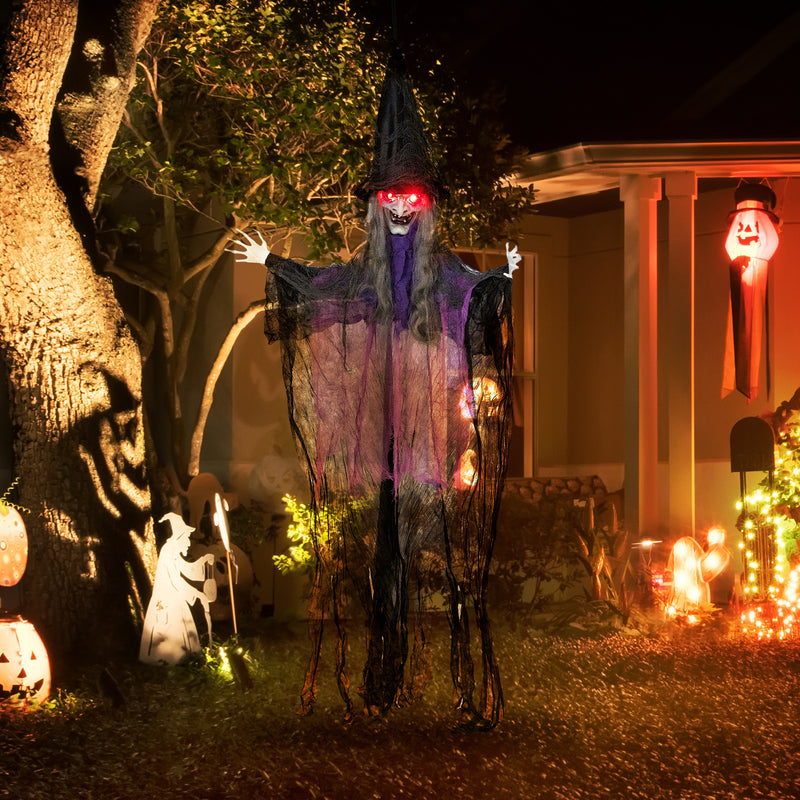 Outsunny Voice Activated Halloween Animatronics Hanging Witch, Purple