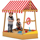 AIYAPLAY Wooden Kids Sandpit with Canopy, Seats, Rudder & Bottom Liner