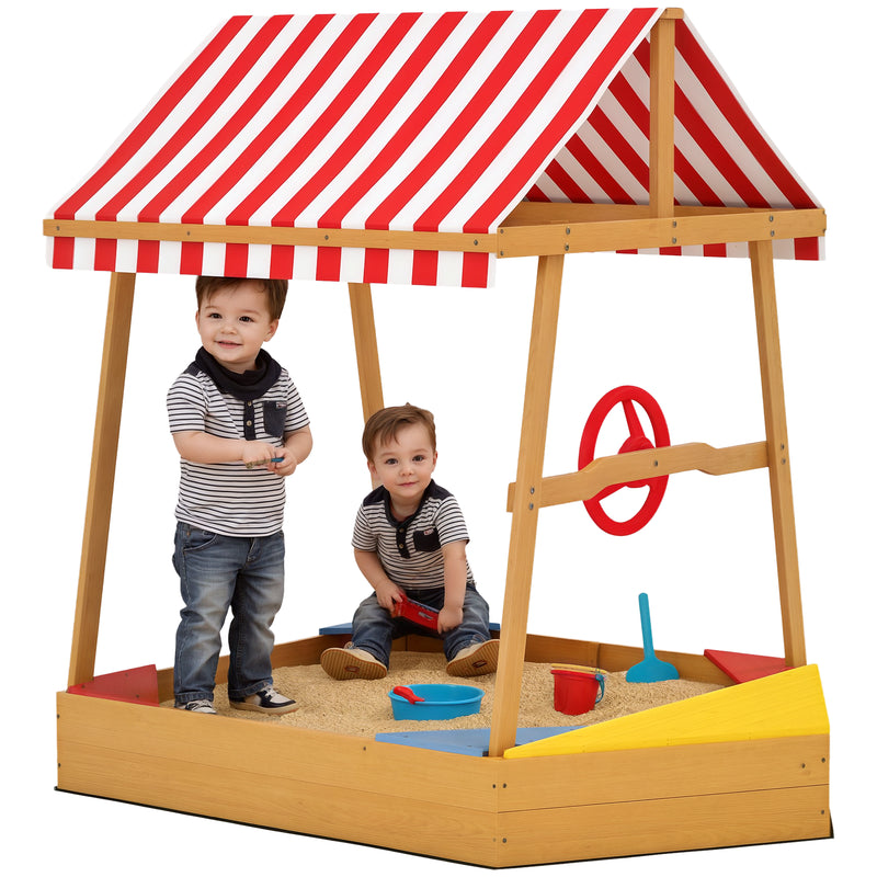 AIYAPLAY Wooden Kids Sandpit with Canopy, Seats, Rudder & Bottom Liner