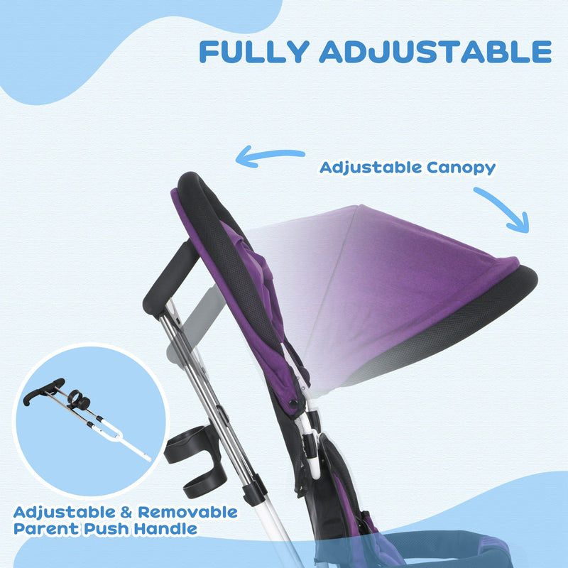 HOMCOM 6 in 1 Kids Purple Trike, Stroller with Parent Handle