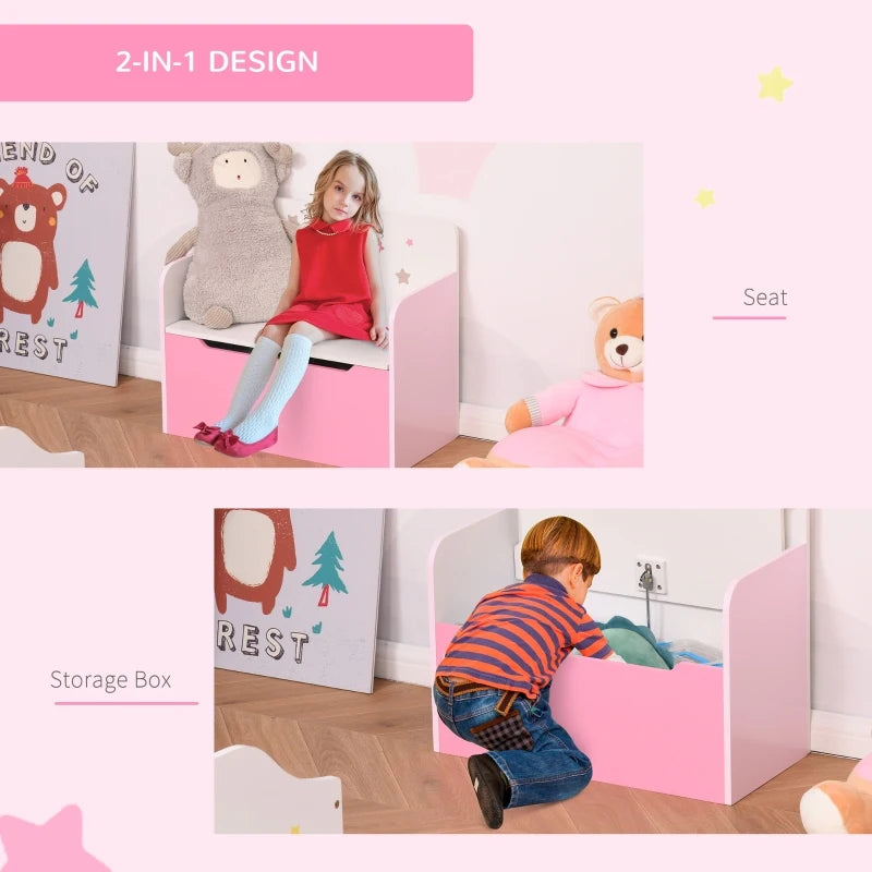 HOMCOM Kids Two-In-One Storage Box and Seat-  White & Pink