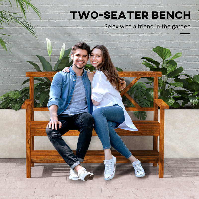 Outsunny 2-Seater Garden Bench Wooden Outdoor Bench w/ Storage Shelf Carbonized
