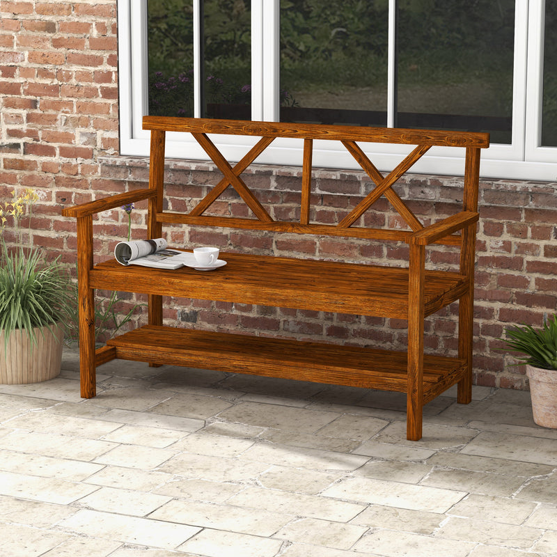 Outsunny 2-Seater Garden Bench Wooden Outdoor Bench w/ Storage Shelf Carbonized
