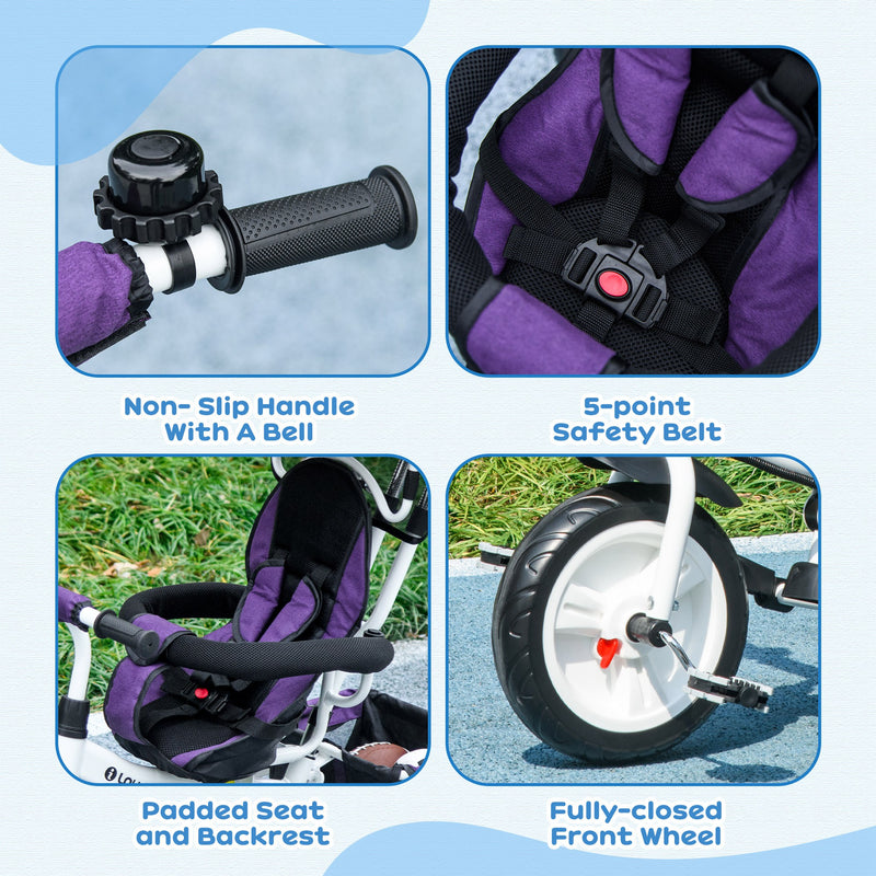 HOMCOM 6 in 1 Kids Purple Trike, Stroller with Parent Handle