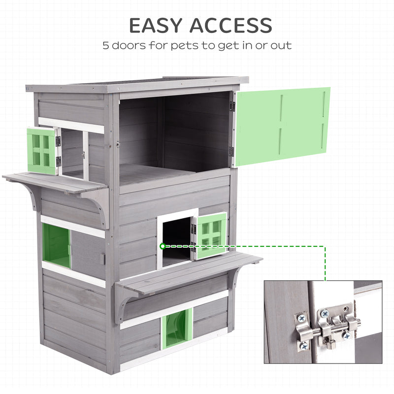 PawHut 3-Tier Wooden Kitten Shelter for Indoor, Outdoor - Grey