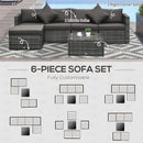 Outsunny 6 Pieces Outdoor Rattan Corner Sofa Set, Patio Aluminum Frame with All-weather Wicker Conversation Furniture w/ Coffee Table & Cushions, Mixed Grey
