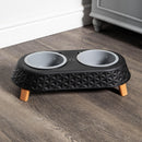77cm x 58cm Black Plastic Raised Pet Basket with Legs and Black Plastic Double Pet Bowl Feeder with Stand Set