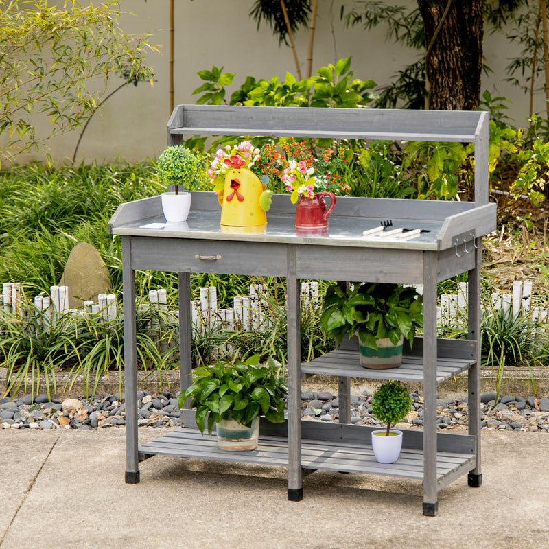 Outsunny Garden Potting Table Wooden Workstation w/ Metal Tabletop, Drawer, Shelves