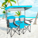 Double Folding Camping Chair with Canopy and Armrests-Blue