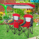 Double Folding Camping Chair with Canopy and Armrests-Red