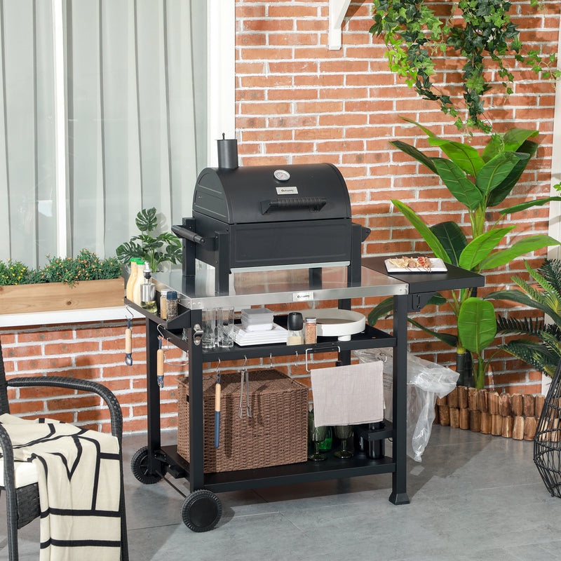 Outsunny Stainless Steel Outdoor Grill Cart with Folding Side table, 2 Wheels