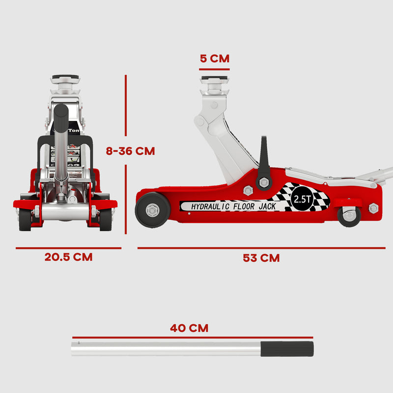 HOMCOM Hydraulic Low Profile Floor Jack, 2.5 T 80-360 mm Steel Car Jack, Red