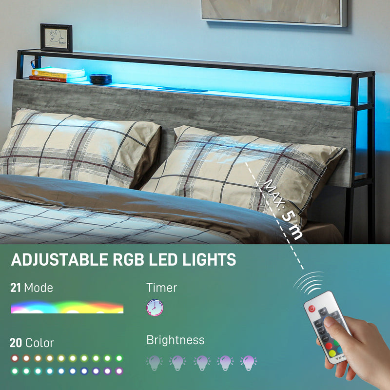 HOMCOM LED Cement Grey Bed Frame with Charging Station