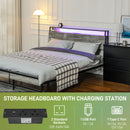 HOMCOM LED Cement Grey Bed Frame with Charging Station