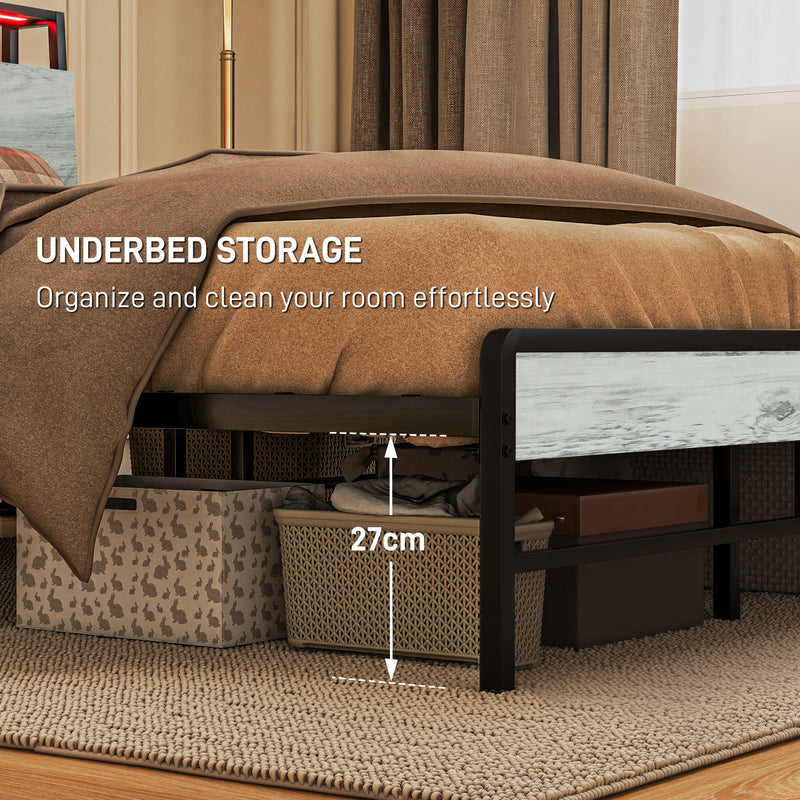 HOMCOM LED Cement Grey Bed Frame with Charging Station