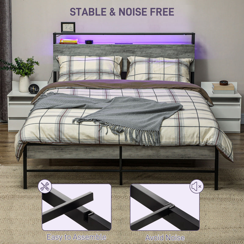 HOMCOM LED Cement Grey Bed Frame with Charging Station
