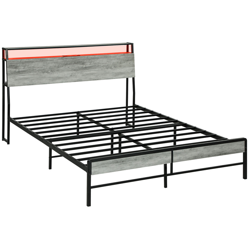 HOMCOM LED Cement Grey Bed Frame with Charging Station