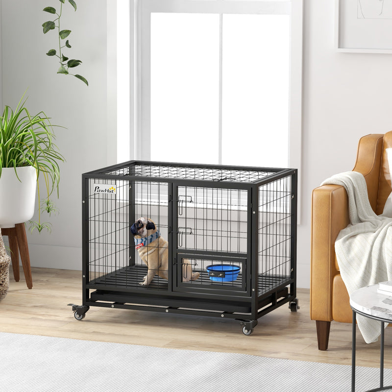 PawHut Heavy Duty Dog Crate on Wheels w/ Bowl Holder, Removable Tray