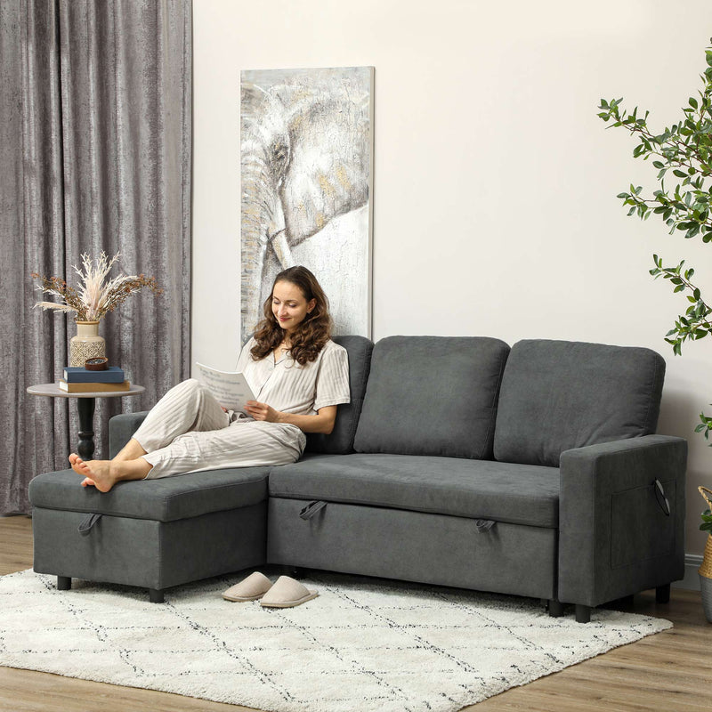 HOMCOM Pull Out Sofa Bed L Shape Corner Sofa w/ Reversible Chaise Charcoal grey