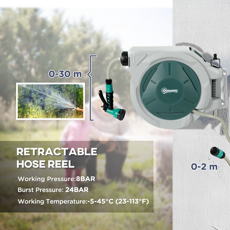 Outsunny Retractable Hose Reel Wall Mounted with Lock, Grey