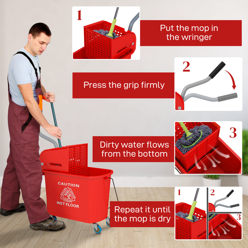 HOMCOM 20L Mop Bucket with Wringer Handle on Wheels for Floor Cleaning