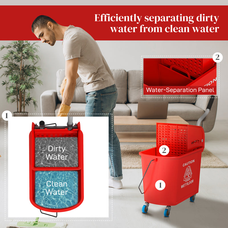 HOMCOM 20L Mop Bucket with Wringer Handle on Wheels for Floor Cleaning