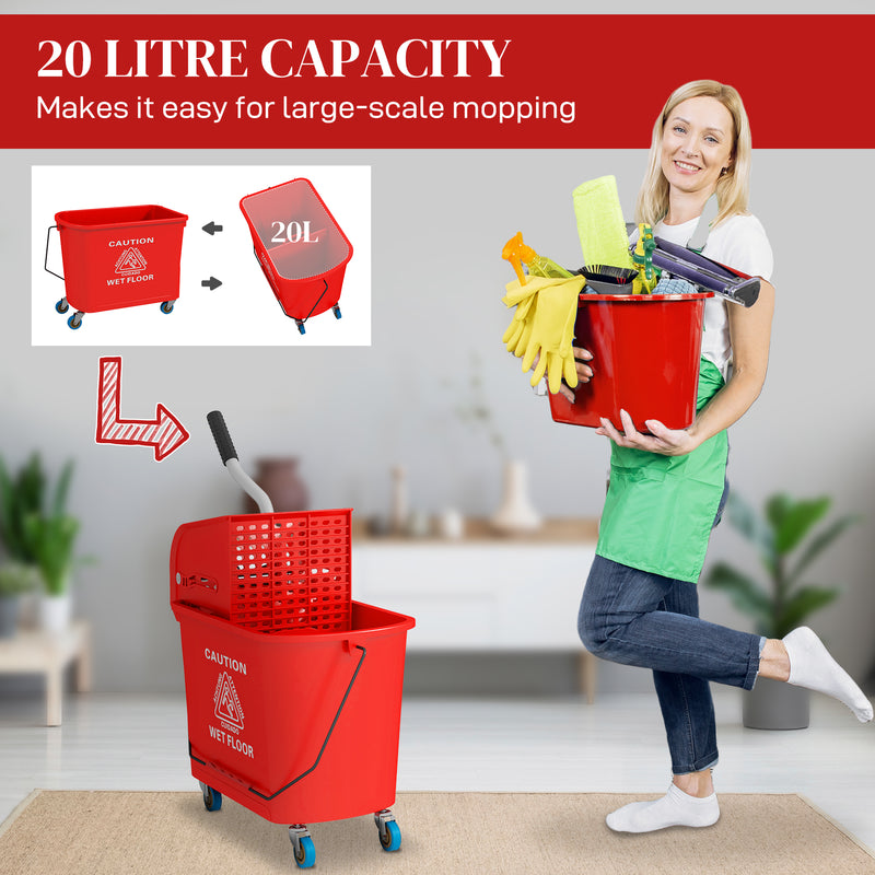 HOMCOM 20L Mop Bucket with Wringer Handle on Wheels for Floor Cleaning
