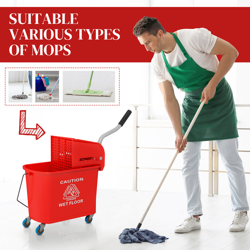 HOMCOM 20L Mop Bucket with Wringer Handle on Wheels for Floor Cleaning