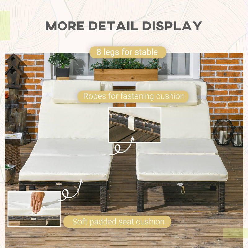 Outsunny 2 Pieces Rattan Sun Loungers w/ Padded Cushion for Poolside Cream White