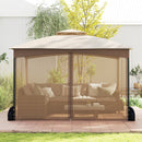 Patio Gazebo With Netting Walls Soft Top Double Roof Canopy With Sandbags-Khaki