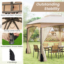 Patio Gazebo With Netting Walls Soft Top Double Roof Canopy With Sandbags-Khaki