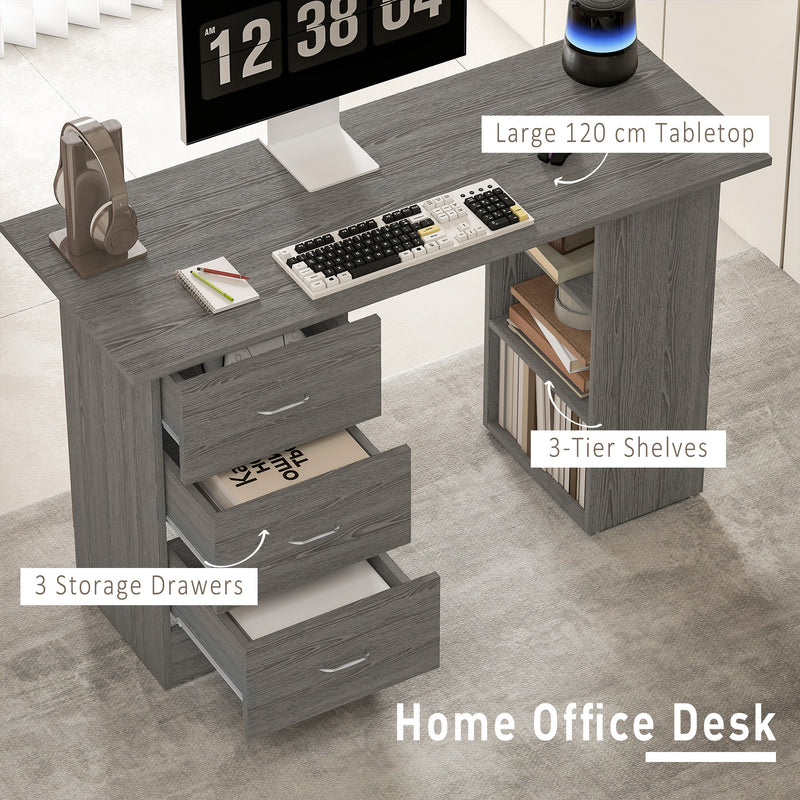 HOMCOM 120cm Computer Desk, Study Table with 3 Shelf & Drawers
