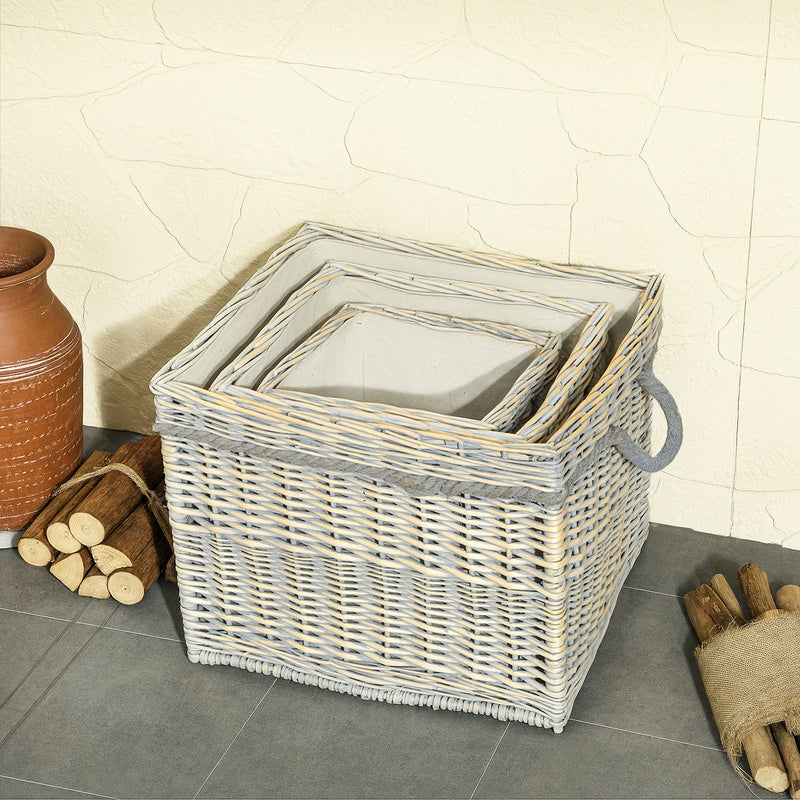Outsunny Set of 3 Wicker Log Basket with Liner and Rope Handles, Beige