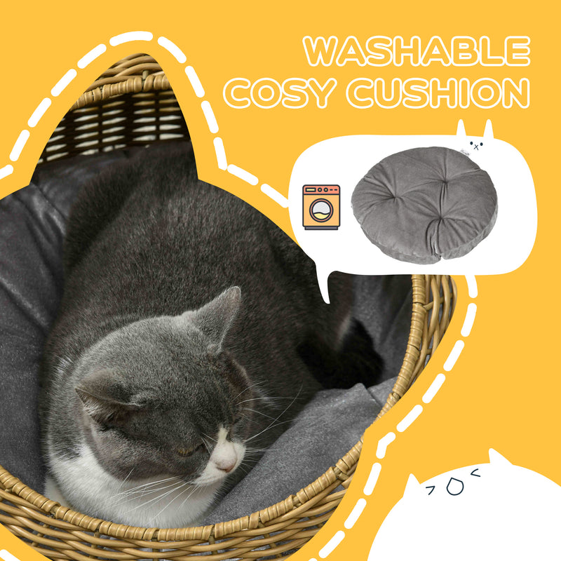 PawHut Wicker Cat House With Washable Cushion For Indoor Cats, Light Brown