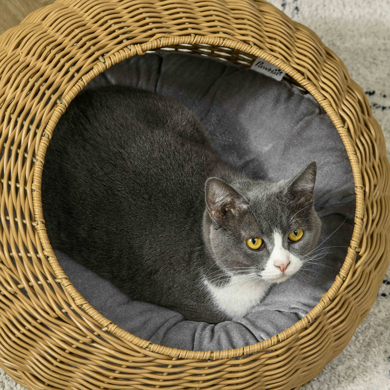PawHut Wicker Cat House With Washable Cushion For Indoor Cats, Light Brown