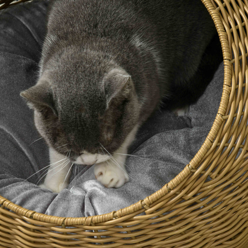 PawHut Wicker Cat House With Washable Cushion For Indoor Cats, Light Brown