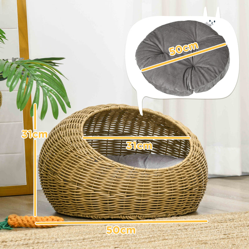 PawHut Wicker Cat House With Washable Cushion For Indoor Cats, Light Brown