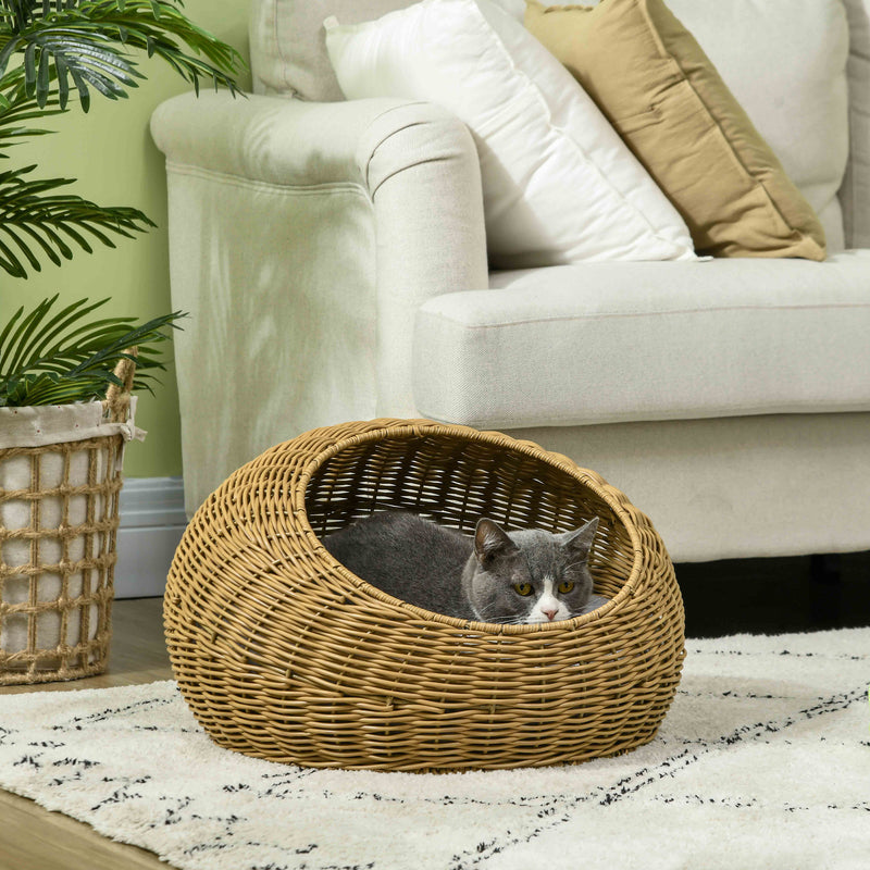 PawHut Wicker Cat House With Washable Cushion For Indoor Cats, Light Brown