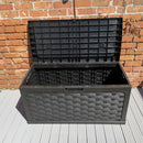 335 Litre Black Rattan Effect Garden Storage Box With Sit On Lid
