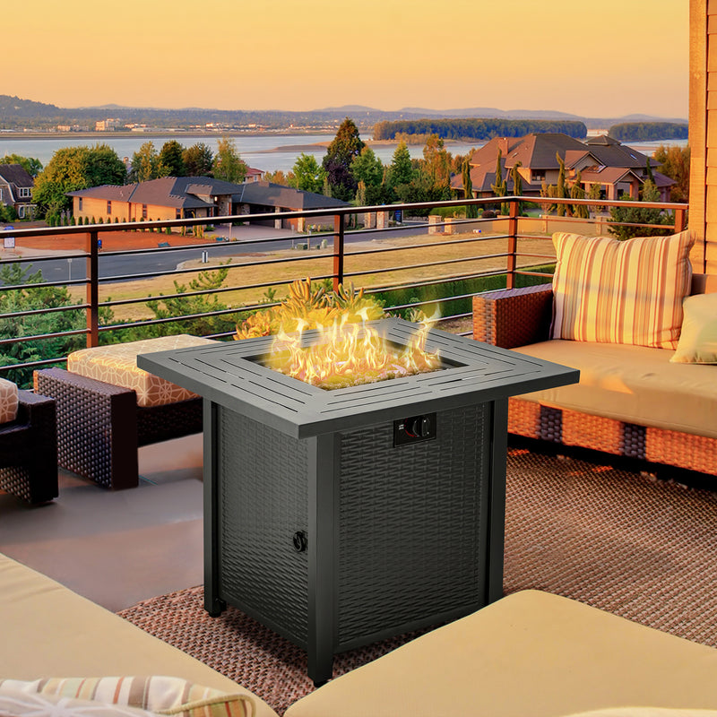 Outsunny Square Propane Gas Fire Pit Table, 50000 BTU Rattan Smokeless Firepit Patio Heater with Protective Cover, Lava Rocks and Lid, 71cm x 71cm x 62cm, Black