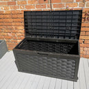 335 Litre Black Rattan Effect Garden Storage Box With Sit On Lid