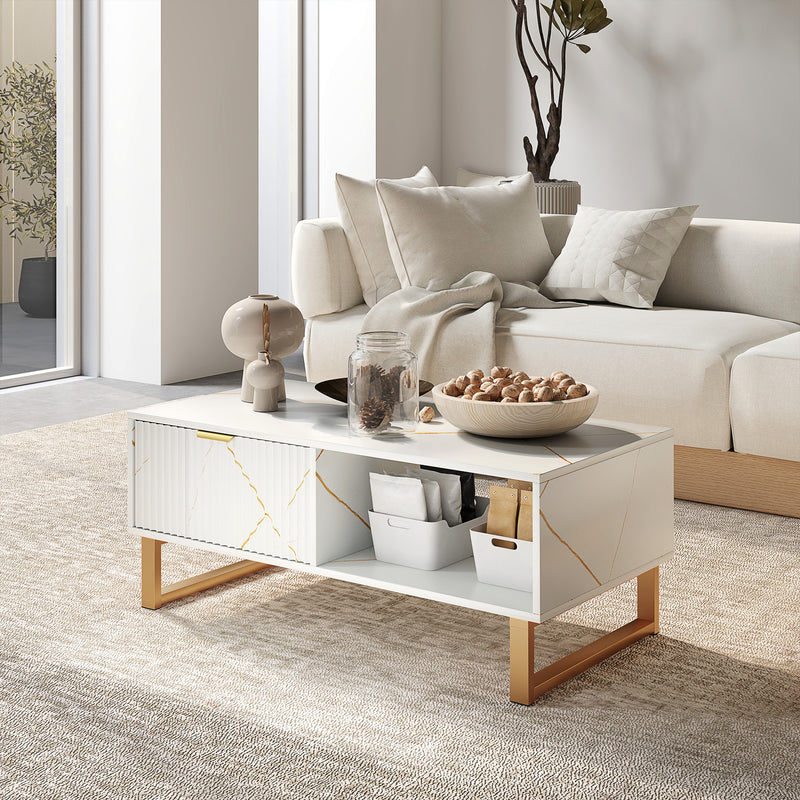 HOMCOM Coffee Table, Living Room Table with Drawer and Open Shelves