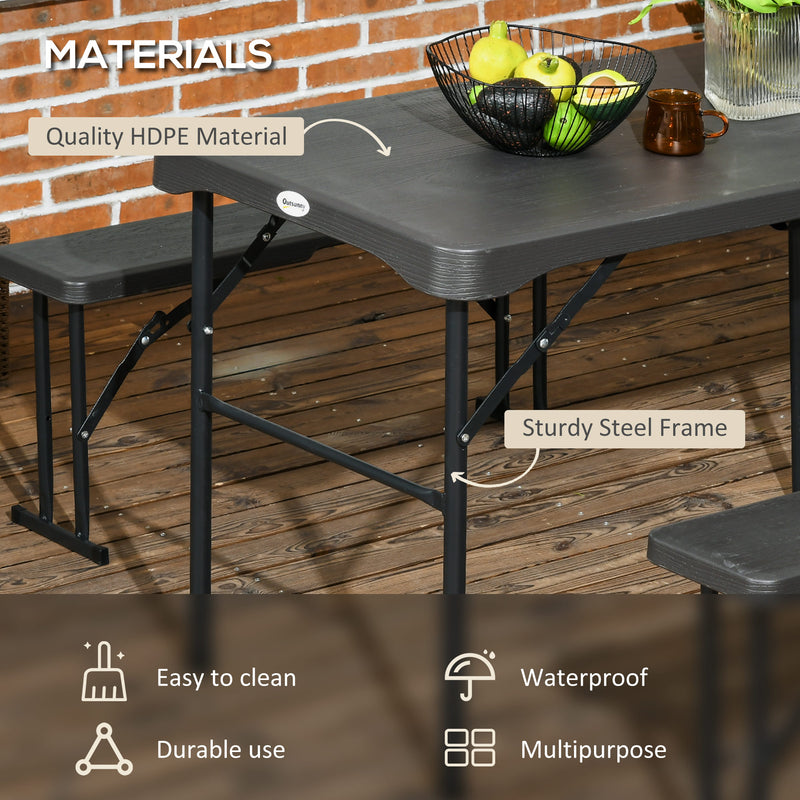 Outsunny HDPE Picnic Table Set w/ Beer Table & 2 Benches for 6, Dark Grey