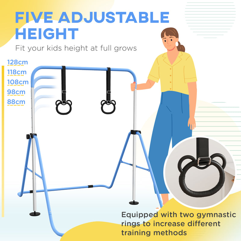 HOMCOM Adjustable Height Foldable Kids Purple Gymnastics Bar With Non-Slip Mats