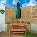 Outdoor 4 Person Rectangular Wooden Garden Dining Table, 2 Benches with Green Parasol and Base Set