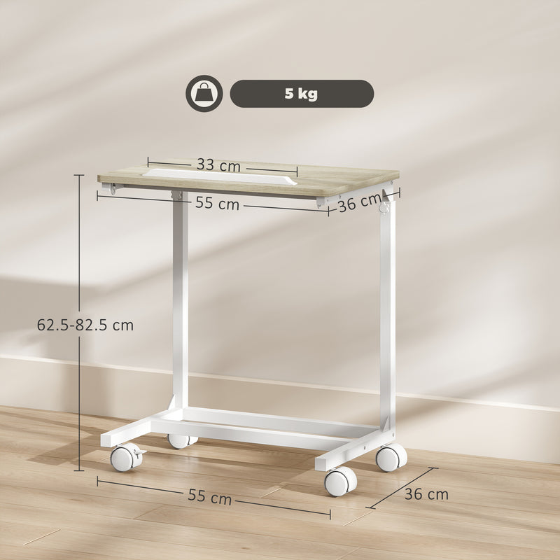 HOMCOM C-Shaped Sofa Side Table, Height Adjustable Overbed Table, Oak